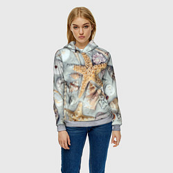 Толстовка-худи женская Морские звёзды и ракушки на океанском песке, цвет: 3D-меланж — фото 2