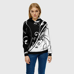 Толстовка-худи женская Симметричные чёрно белые цветы Symmetrical black a, цвет: 3D-черный — фото 2