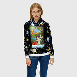 Толстовка-худи женская Новый год зайчик играет на барабане, цвет: 3D-белый — фото 2