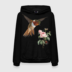 Толстовка-худи женская Птицы колибри розы на черном фоне, цвет: 3D-черный