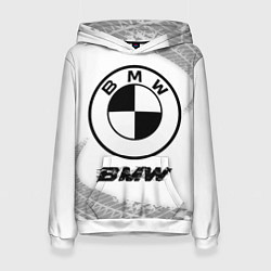 Толстовка-худи женская BMW speed на светлом фоне со следами шин, цвет: 3D-белый