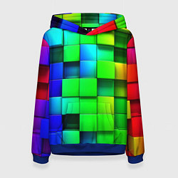 Толстовка-худи женская Цветные неоновые кубы, цвет: 3D-синий