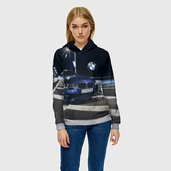 Толстовка-худи женская BMW на ночной трассе, цвет: 3D-меланж — фото 2