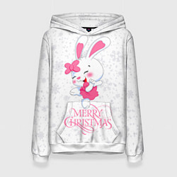 Толстовка-худи женская Merry Christmas, cute bunny, цвет: 3D-белый