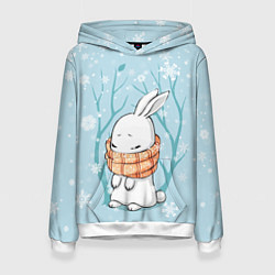 Толстовка-худи женская Кролик в снеженом лесу, цвет: 3D-белый