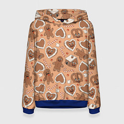 Толстовка-худи женская Новогодний паттерн с печеньем, цвет: 3D-синий