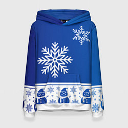 Толстовка-худи женская Снеговики в снежинках синие, цвет: 3D-белый