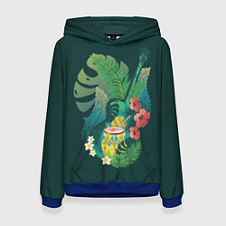 Толстовка-худи женская Акустическая гитара с барабаном и тропическими лис, цвет: 3D-синий