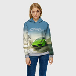 Толстовка-худи женская Ламборджини на берегу океана, цвет: 3D-меланж — фото 2