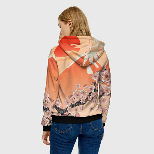 Женская толстовка Ветка цветущей сакуры и вулкан / 3D-Черный – фото 4