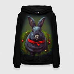 Толстовка-худи женская Черный водяной кролик с ленточкой, цвет: 3D-черный