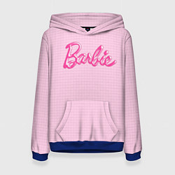Толстовка-худи женская Барби - логотип на клетчатом фоне, цвет: 3D-синий