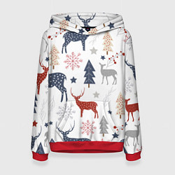 Толстовка-худи женская Олени в новогоднем лесу, цвет: 3D-красный
