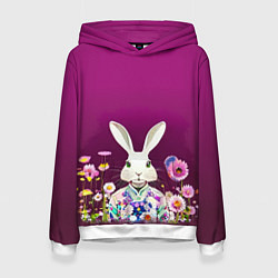 Толстовка-худи женская Кролик на винном фоне, цвет: 3D-белый