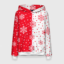 Толстовка-худи женская Рождественские снежинки на красно-белом фоне, цвет: 3D-белый