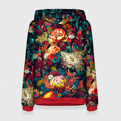 Толстовка-худи женская Цветочный паттерн с цветами и листьями, цвет: 3D-красный