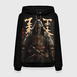 Толстовка-худи женская Самурай и надписи, цвет: 3D-черный