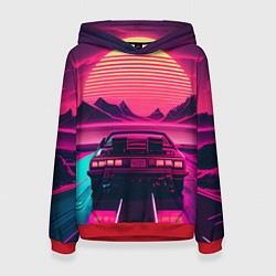 Толстовка-худи женская Синтвейв закат и автомобиль, цвет: 3D-красный