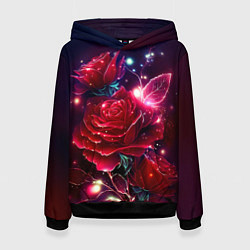 Толстовка-худи женская Розы с огоньками, цвет: 3D-черный