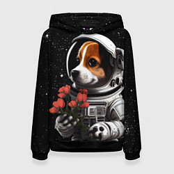 Толстовка-худи женская Щенок космонавт с тюльпанами, цвет: 3D-черный