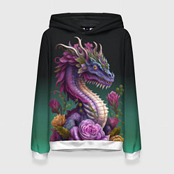 Толстовка-худи женская Неоновый дракон с цветами, цвет: 3D-белый