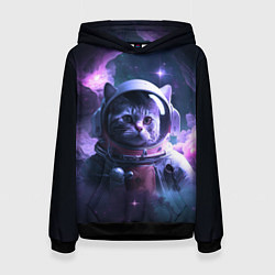 Толстовка-худи женская Котик космонавт, цвет: 3D-черный