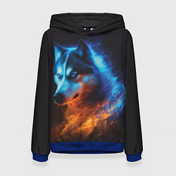Толстовка-худи женская Водно-огненная стихия волка, цвет: 3D-синий