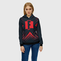 Толстовка-худи женская Красный символ Fortnite на темном фоне со стрелкам, цвет: 3D-черный — фото 2