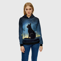 Толстовка-худи женская Черный кот и звезды - акварель, цвет: 3D-черный — фото 2