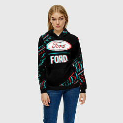 Толстовка-худи женская Значок Ford в стиле glitch на темном фоне, цвет: 3D-черный — фото 2