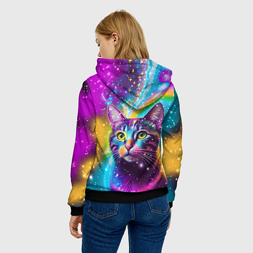 Женская толстовка Полосатый кот с разноцветной звездной туманностью / 3D-Черный – фото 4