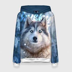 Толстовка-худи женская Хаски с голубыми глазами в зимнем лесу, цвет: 3D-белый