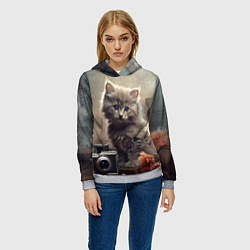 Толстовка-худи женская Серый котенок, винтажное фото, цвет: 3D-меланж — фото 2