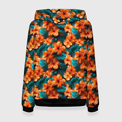 Толстовка-худи женская Оранжевые цветы гавайские, цвет: 3D-черный