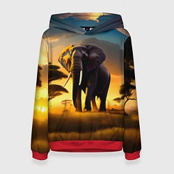 Толстовка-худи женская Слон и рассвет в саванне, цвет: 3D-красный