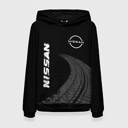 Толстовка-худи женская Nissan speed на темном фоне со следами шин: надпис, цвет: 3D-черный