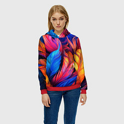 Толстовка-худи женская Экзотические перья, цвет: 3D-красный — фото 2