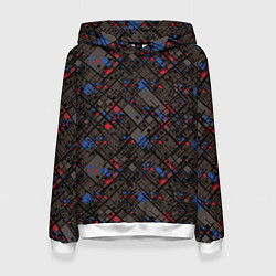 Толстовка-худи женская Красные, синие, черные фигуры и линии на коричнево, цвет: 3D-белый
