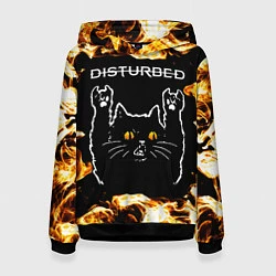 Толстовка-худи женская Disturbed рок кот и огонь, цвет: 3D-черный