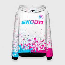 Толстовка-худи женская Skoda neon gradient style: символ сверху, цвет: 3D-черный