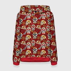 Толстовка-худи женская Мексиканские черепа с бабочками, цвет: 3D-красный