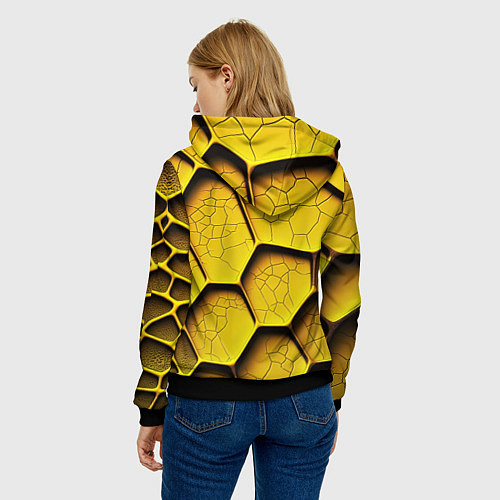 Женская толстовка Желтые шестиугольники с трещинами - объемная текст / 3D-Черный – фото 4
