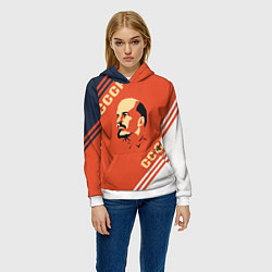 Толстовка-худи женская Ленин на красном фоне, цвет: 3D-белый — фото 2