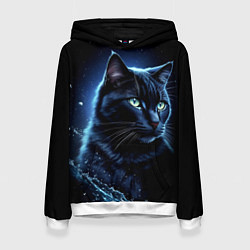 Толстовка-худи женская Черный кот - брызги воды, цвет: 3D-белый
