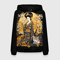 Толстовка-худи женская Японская гейша с кошкой, цвет: 3D-черный