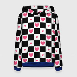 Женская толстовка Розовые сердечки на фоне шахматной черно-белой дос