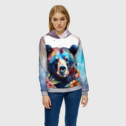 Толстовка-худи женская Портрет медведя гризли с цветами акварелью, цвет: 3D-меланж — фото 2
