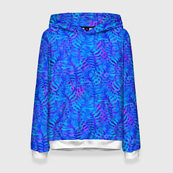 Толстовка-худи женская Синие неоновые листья, цвет: 3D-белый