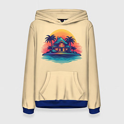 Толстовка-худи женская Дом и пальмы на фоне заката, цвет: 3D-синий