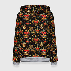 Толстовка-худи женская Сердечки в золотых коронах, цвет: 3D-меланж